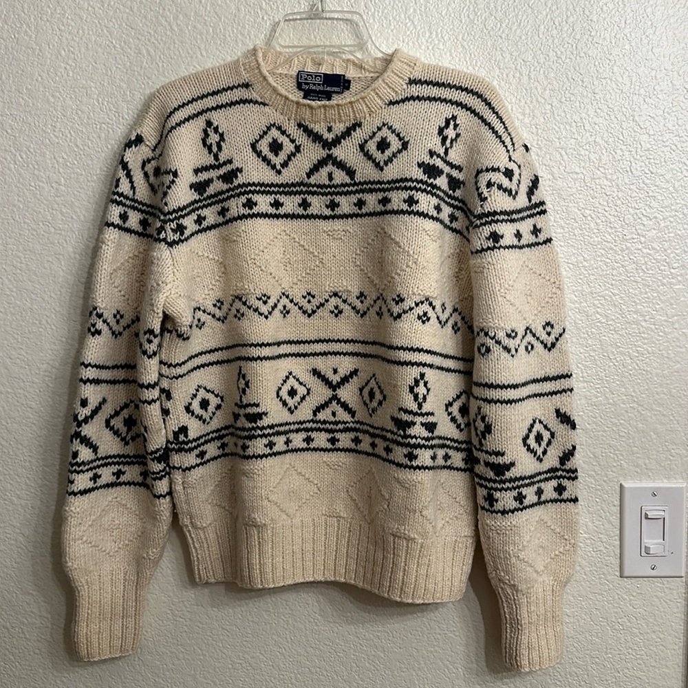 Polo by Ralph Lauren size small 100% wool hand knit Geo motif sweater